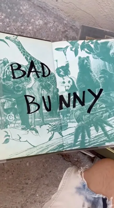 Türkisfarbenes Kunstwerk mit dem aufgemalten Schriftzug «Bad Bunny», Barcelona, Art Is Trash
