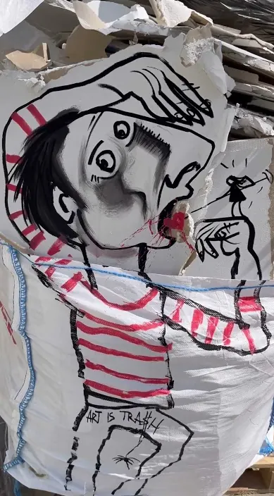 Große Figur im Streifenshirt – Urban Art Barcelona Große Zeichnung einer Figur im gestreiften Shirt auf der Straße, Barcelona, Art Is Trash