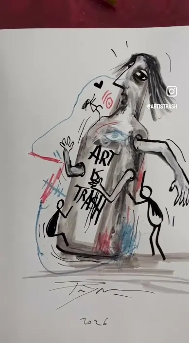 Tuschezeichnung Flaschenfigur – Art Is Trash in Barcelona Tuschezeichnung einer flaschenförmigen Figur mit den Worten Art Is Trash, Barcelona