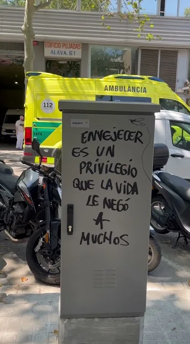 Aufgemalter Satz über das Älterwerden als Privileg auf einem Stromkasten an der Straße, Barcelona, Art Is Trash