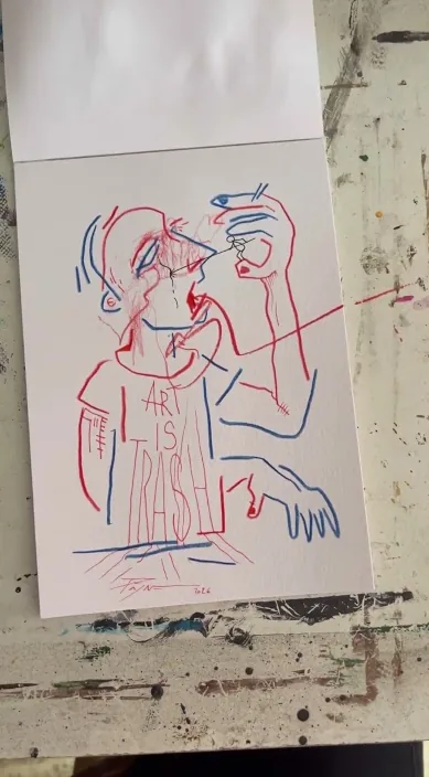 Bunte Linienzeichnung, die in einem Skizzenbuch entsteht, Barcelona, Art Is Trash