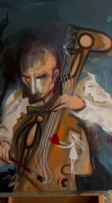 Hombre con violonchelo – Street-Art in Barcelona: Szene aus dem Art-Is-Trash-Video von Francisco de Pájaro