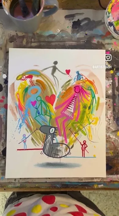 Buntes Gemälde eines Herzens voller kleiner Figuren, Barcelona, Art Is Trash
