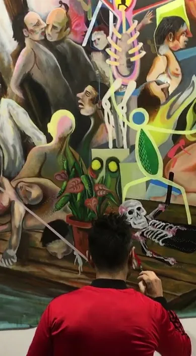 Pintando en mi estudio La Balsa de la Medusa – Street-Art in Barcelona: Szene aus dem Art-Is-Trash-Video von Francisco de Pájaro