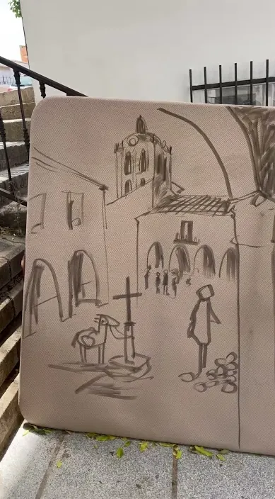 Skizze einer Kirche und eines Platzes auf einem alten Brett, Zafra, Art Is Trash